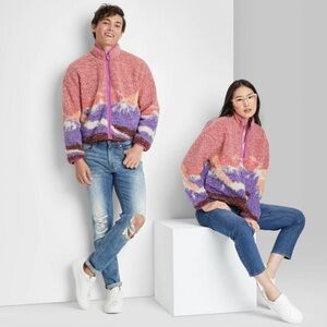 Wild Fable Sherpa Pink Landscape Full Zip Jacket Large Unisex Cozy Warm Pockets